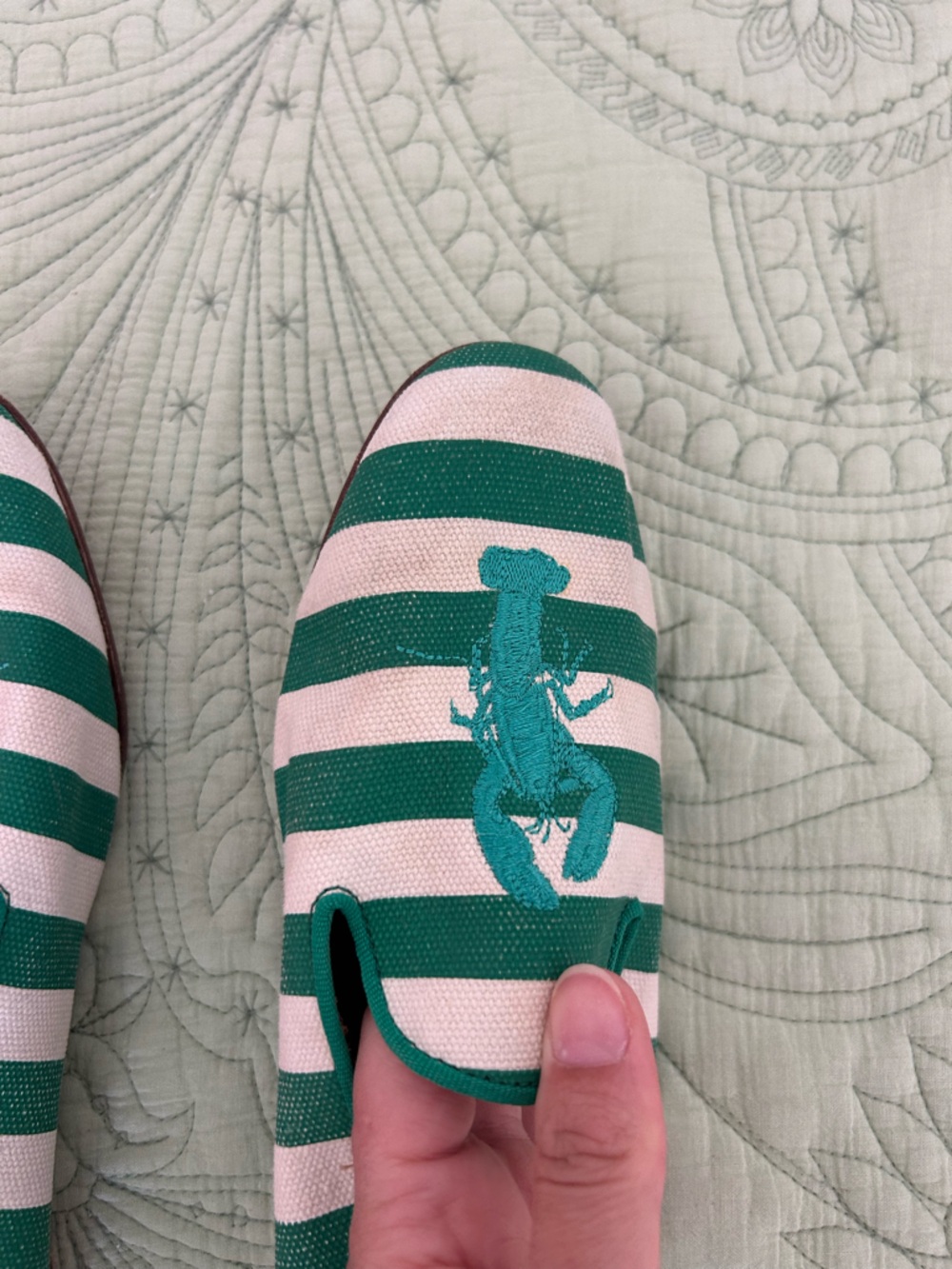 Coach Green and White Striped Canvas and leather Loafers lobster Embroidery - Picture 2 of 10